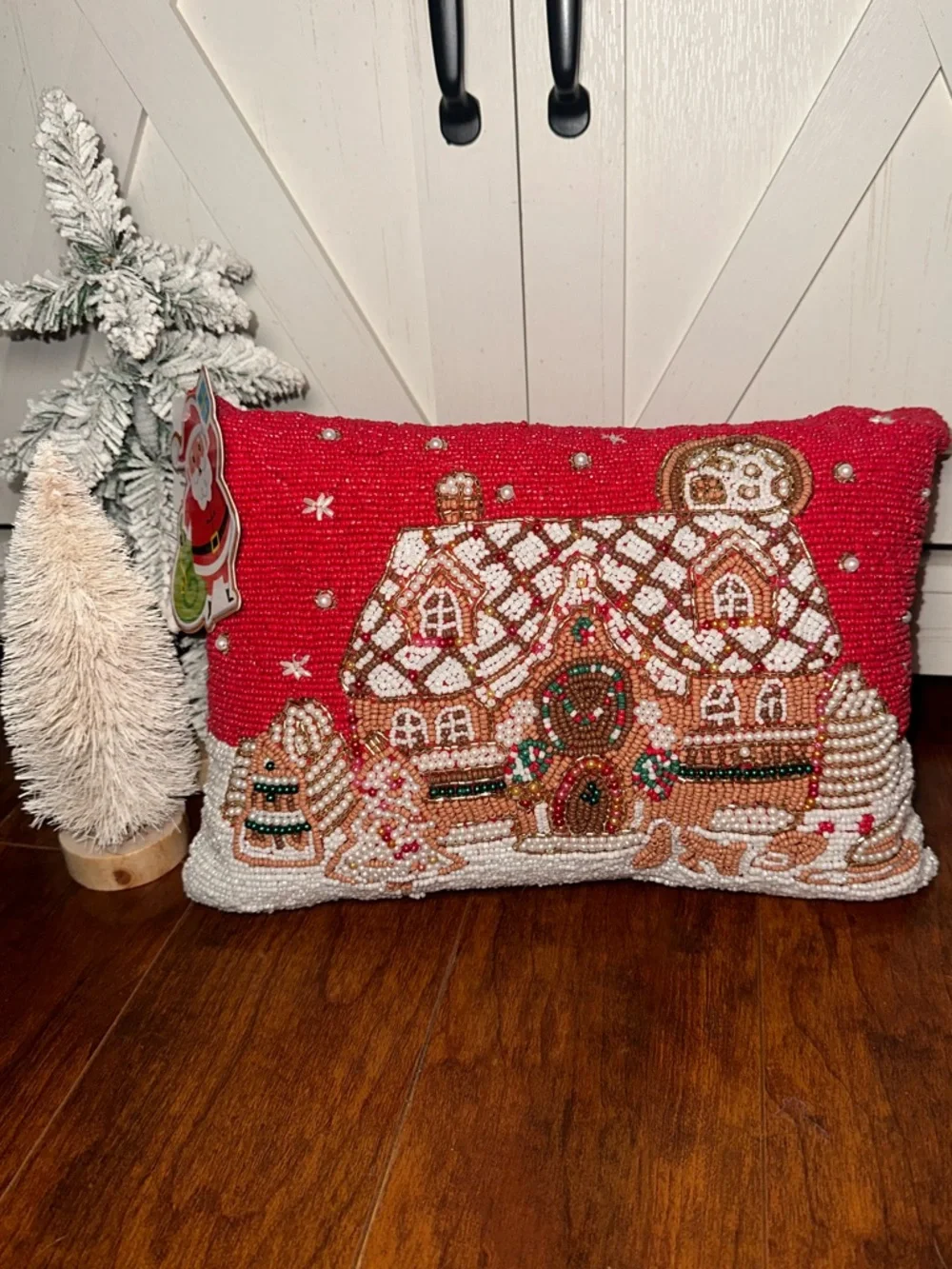 Holiday Gingerbread House Beaded Decorative Pillow